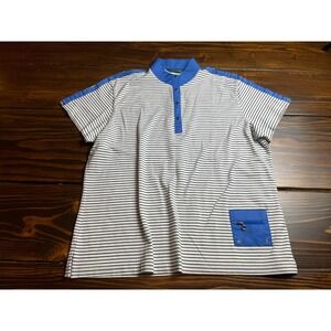 ASTRA T-Shirt Women's Size L Black Blue White Striped Henley MockNeck Zip Pocket